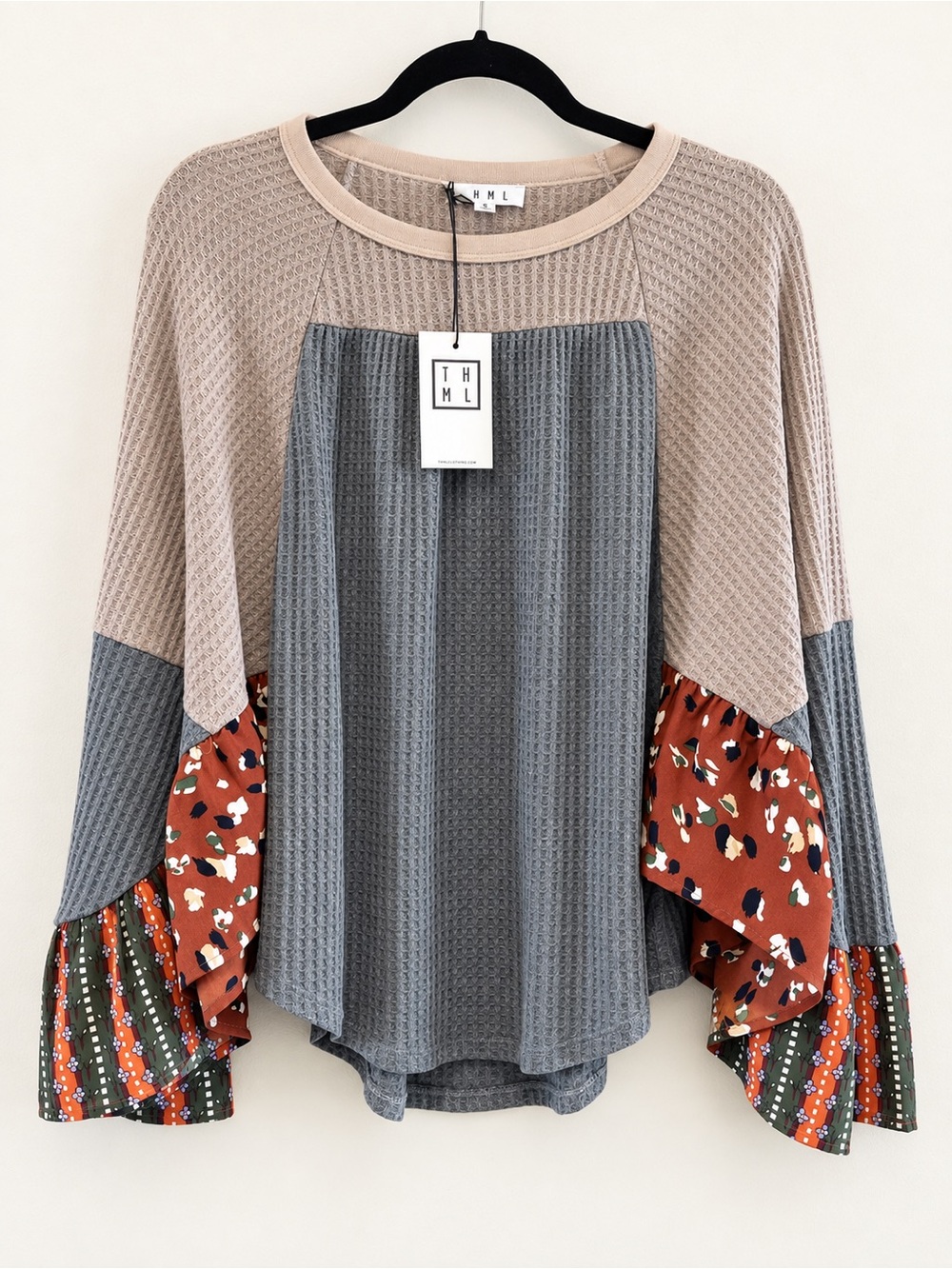 THML Colorblock Waffle Knit Top in Taupe, Gray & Rust